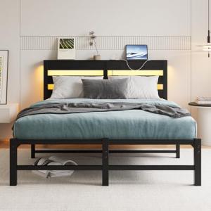 Full Size Metal Bed Frame with USB & LED