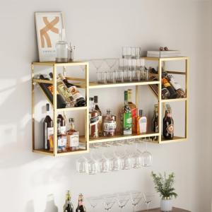 Gold Wall-Mounted 2-Tier Liquor Shelf
