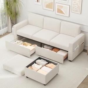Beige L-Shaped Convertible Sofa with Storage Ottoman
