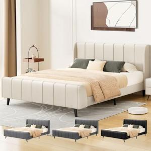 Beige Queen Bed Frame with Upholstered Headboard