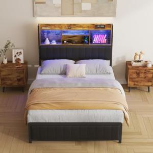 Double Bed Frame with LED Shelves and Charging Station