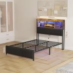 Double Bed Frame with LED Shelves and Charging Station