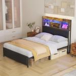 Double Bed Frame with LED Shelves and Charging Station