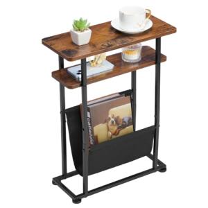 Slim Rustic Brown Side Table with Magazine Holder