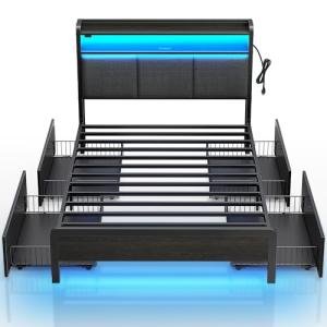 Twin Bed Frame with Charging Station and LED Lights