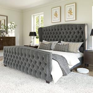 Velvet Queen Platform Bed with Tufted Headboard