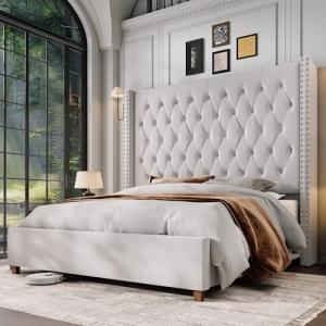 Velvet Wingback Queen Bed Frame with Tall Headboard