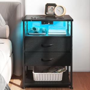 AODK Black Nightstand with Charging Station and Drawers