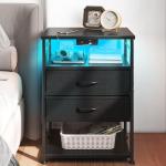 AODK Black Nightstand with Charging Station and Drawers