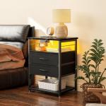 AODK Black Nightstand with Charging Station and Drawers