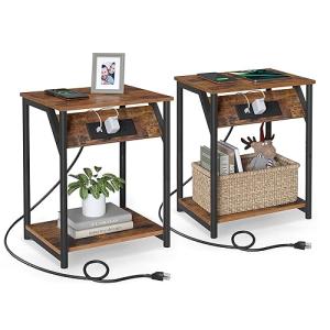 VASAGLE Rustic End Tables with Charging Station, Set of 2