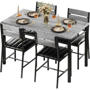 Grey Dining Table Set for 4 with Upholstered Chairs