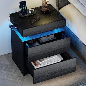 Modern Black Nightstand with Charging Station and LED