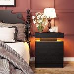 Modern Black Nightstand with Charging Station and LED