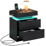 Modern Black Nightstand with Charging Station and LED