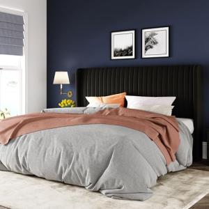 King Size Black Velvet Bed Frame with Wingback Headboard