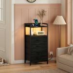Black Nightstand with Charging Station and Storage