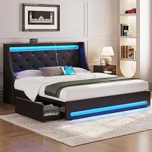 Queen Bed Frame with LED Lights and Storage