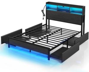 Rolanstar Black Queen Bed Frame with Storage and LED Lights
