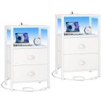 White Nightstands Set with Charging Station and LED Lights