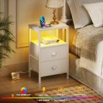 White Nightstands Set with Charging Station and LED Lights