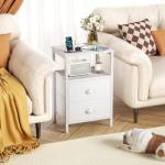White Nightstands Set with Charging Station and LED Lights