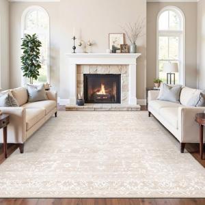 Beige Floral 8x10 Washable Area Rug