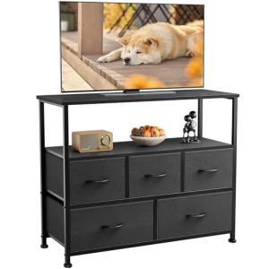 DUMOS Black TV Stand with 5 Fabric Drawers