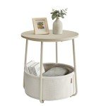 Modern Round Cream White End Table with Basket