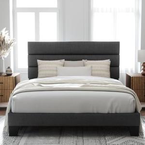 Queen Size Upholstered Bed Frame in Dark Grey