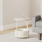 Modern Round Cream White End Table with Basket