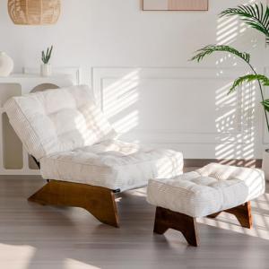 Beige Tufted Accent Chair with Adjustable Ottoman