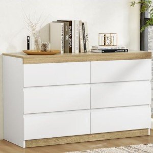 6-Drawer Oak Tallboy Storage Cabinet in White