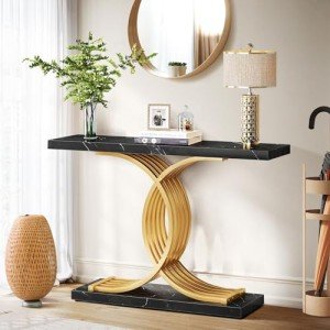 Slim Black Console Table with Faux Marble Top