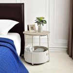 Modern Round Cream White End Table with Basket