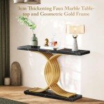 Slim Black Console Table with Faux Marble Top