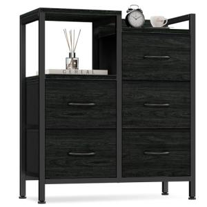 Black 5 Drawer Fabric Dresser with Shelf