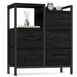 Black 5 Drawer Fabric Dresser with Shelf