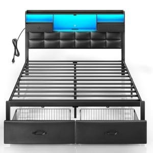 Full Size Upholstered Bed Frame with Storage & LED