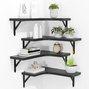 Set of 4 Rustic Black Floating Wall Shelves