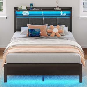 Full Size Bed Frame with Charging Station & LED Lights