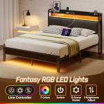 Full Size Bed Frame with Charging Station & LED Lights