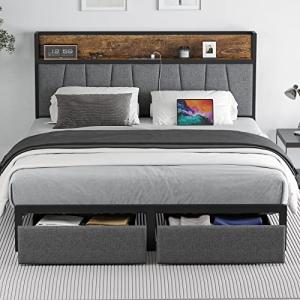 Queen Size Bed Frame with Storage and LED Light