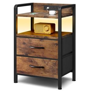 Rustic Brown Night Stand with Charging Station