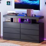 Black Dresser with Charging Station and LED Lights