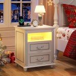 Dystler White Night Stand with Charging Station and LED