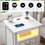 Dystler White Night Stand with Charging Station and LED
