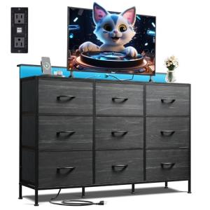 WLIVE Black TV Stand with LED Lights and Drawers