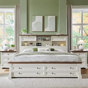 Farmhouse Queen Bed Frame with Storage Headboard