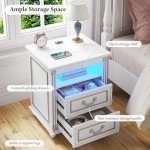 Dystler White Night Stand with Charging Station and LED